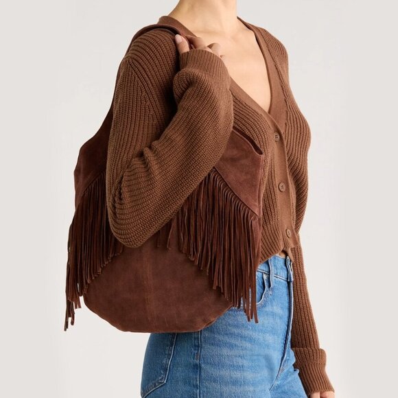NWT $228 LUCKY BRAND Nyra Fringe Suede Tote Bag in Cappuccino Brown Western Boho - Picture 2 of 6